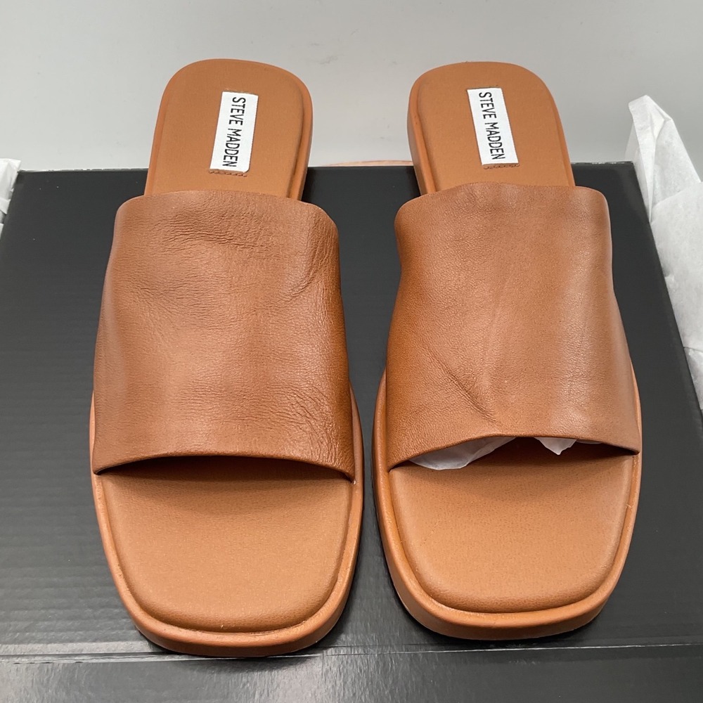 Steve Madden Holmes Cognac Leather Square Toe Slide Sandals HLME01S1 Size 10M